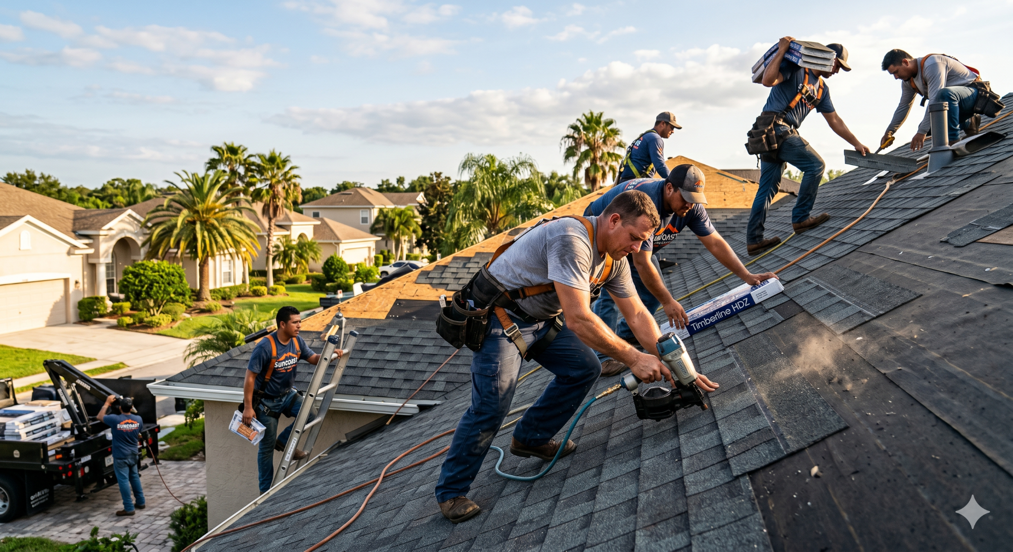 Roofing crew installing shingles on a Florida home