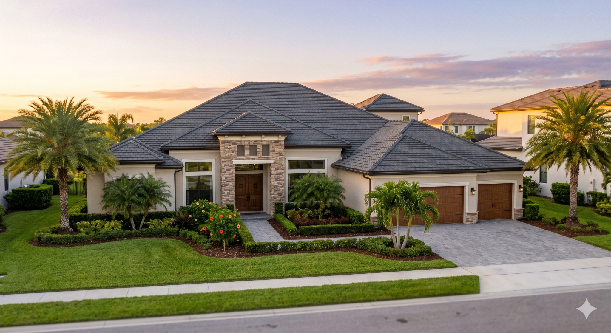 Luxury Florida home with completed roof at sunset