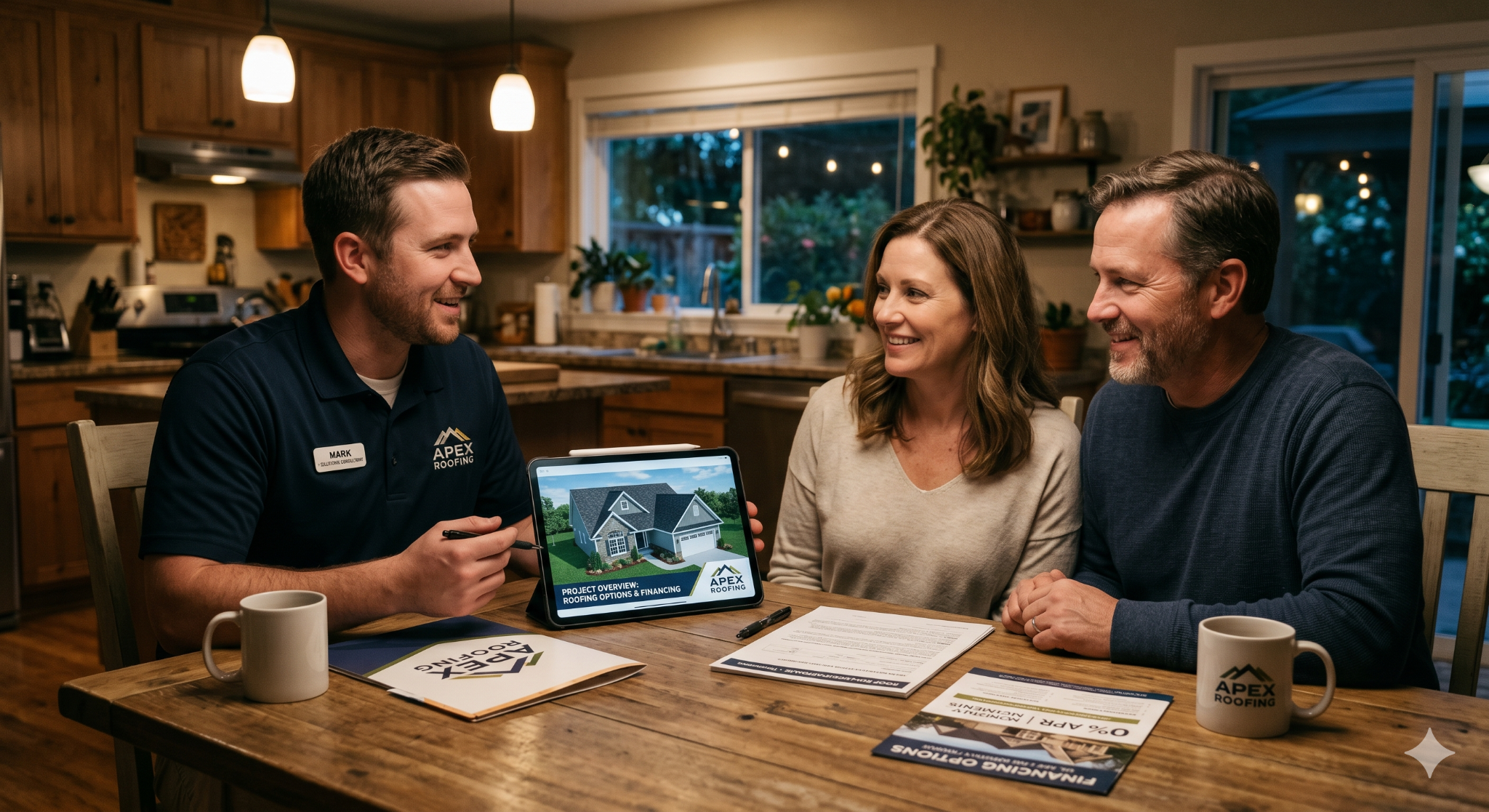 Roofing consultant reviewing options and financing with homeowners