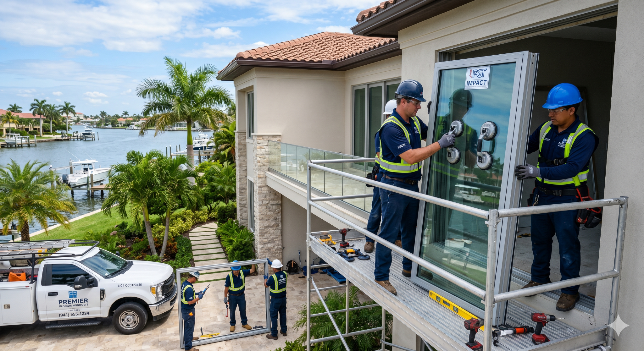 Contractors installing impact windows on a Florida home