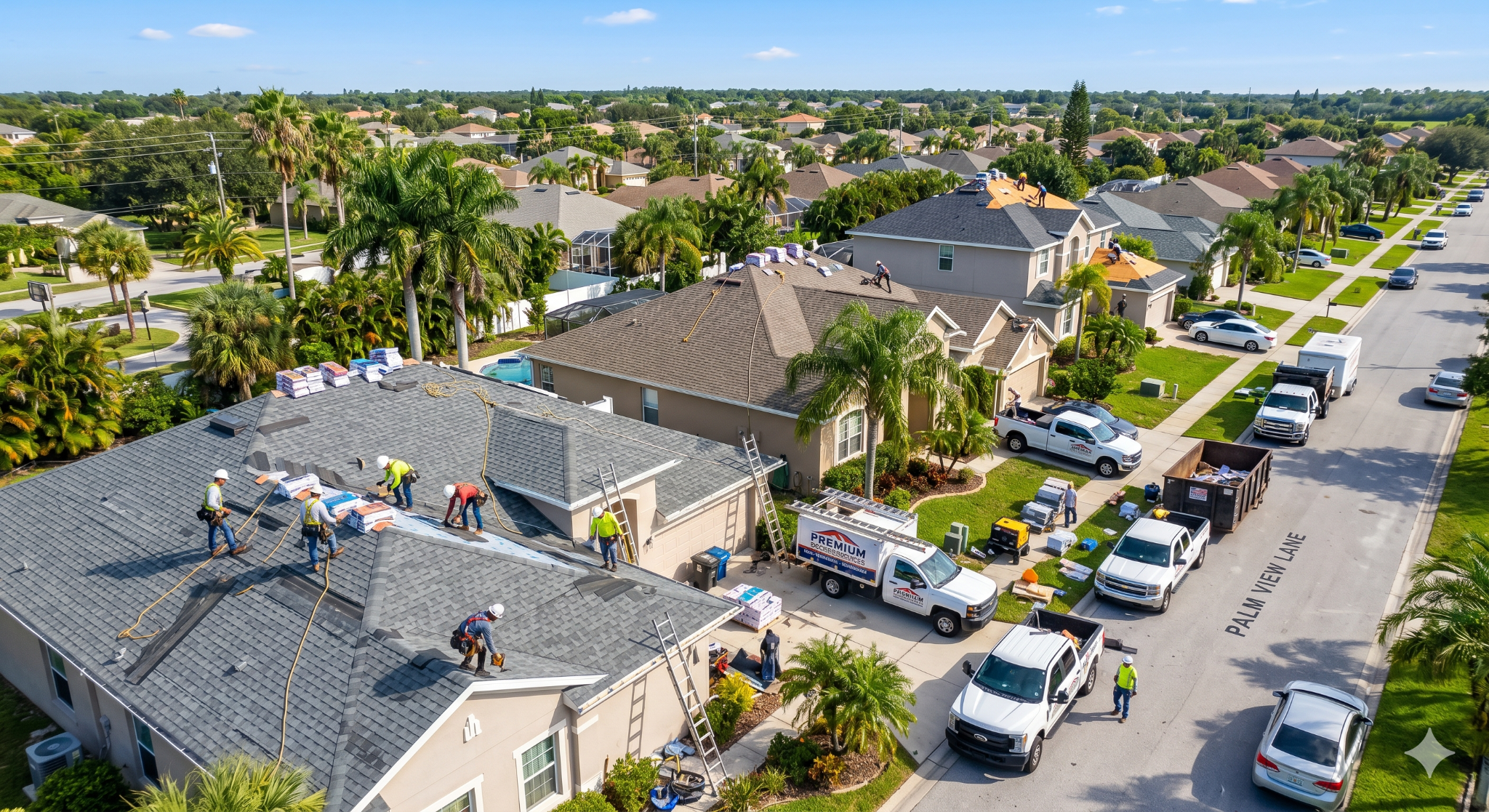 Aerial view of roofing crews working in a Florida neighborhood