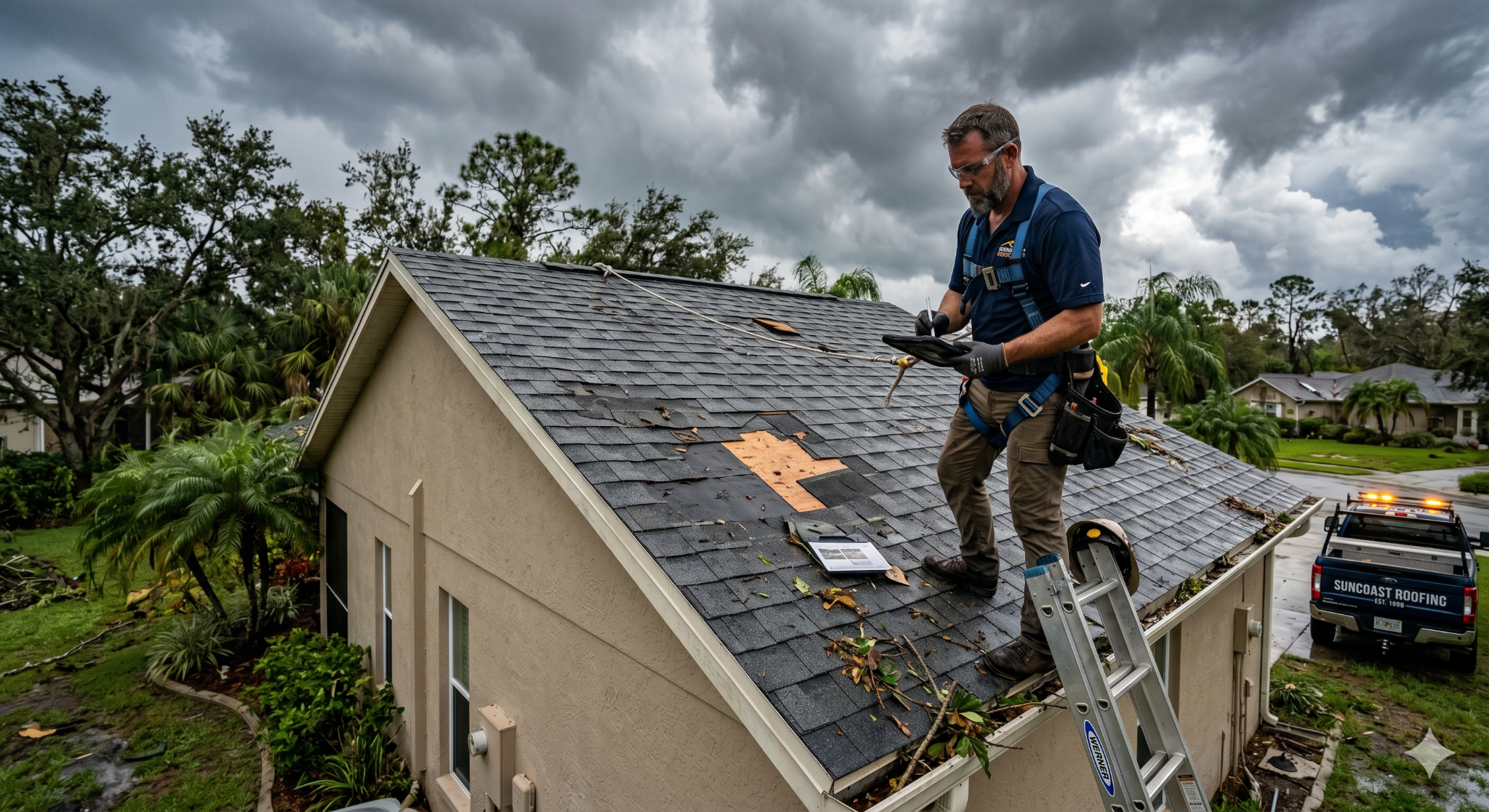 Roofing inspector documenting storm damage after Florida weather
